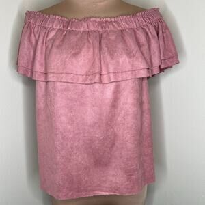 Young Fabulous & Broke Top Large Womens Off The Shoulder Faux Suede Ruffle Pink